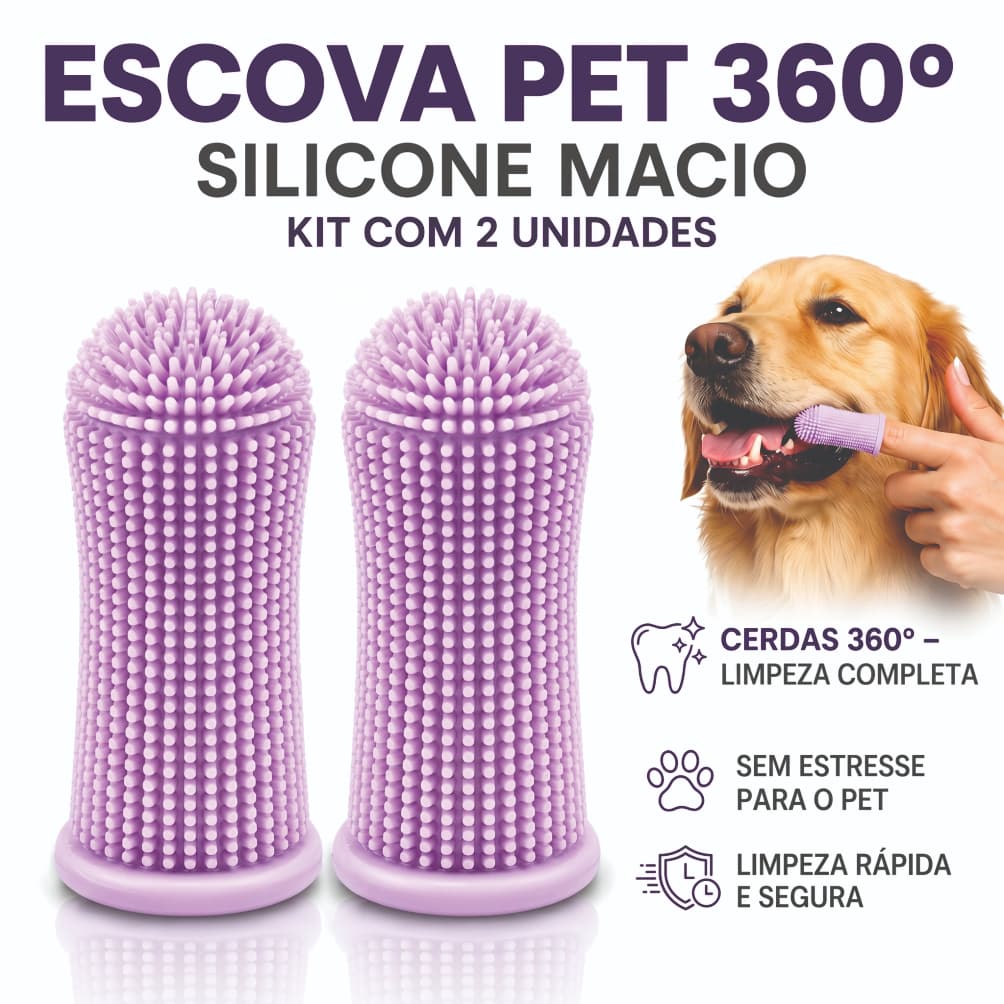 Escova de Dente Pet 360° Silicone Macio Cães e Gatos Limpeza Bucal Anti Tártaro Mau Hálito Kit 2 Unidades, Bem Estar PET