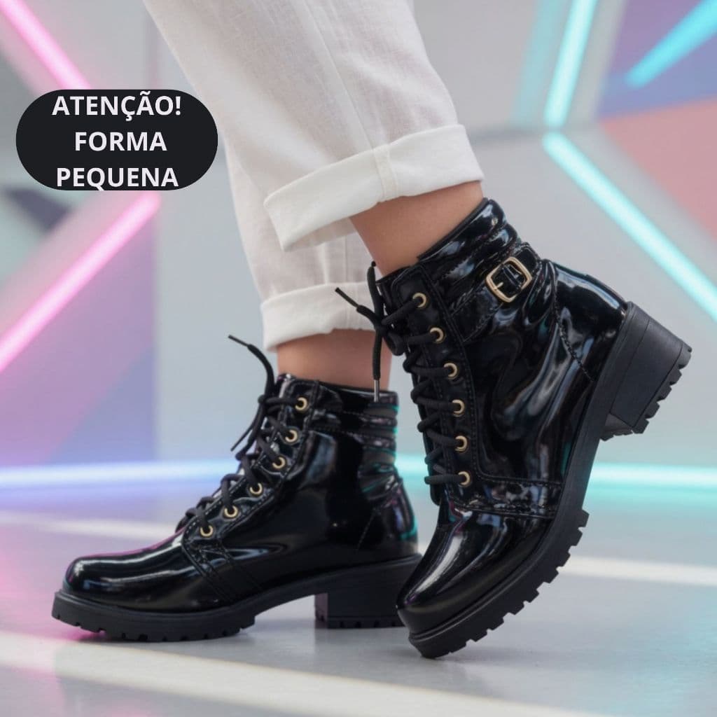 Coturno Bota Verniz Feminino Fivela Tratorado Cano Baixo Saltinho Confortável Blogueira