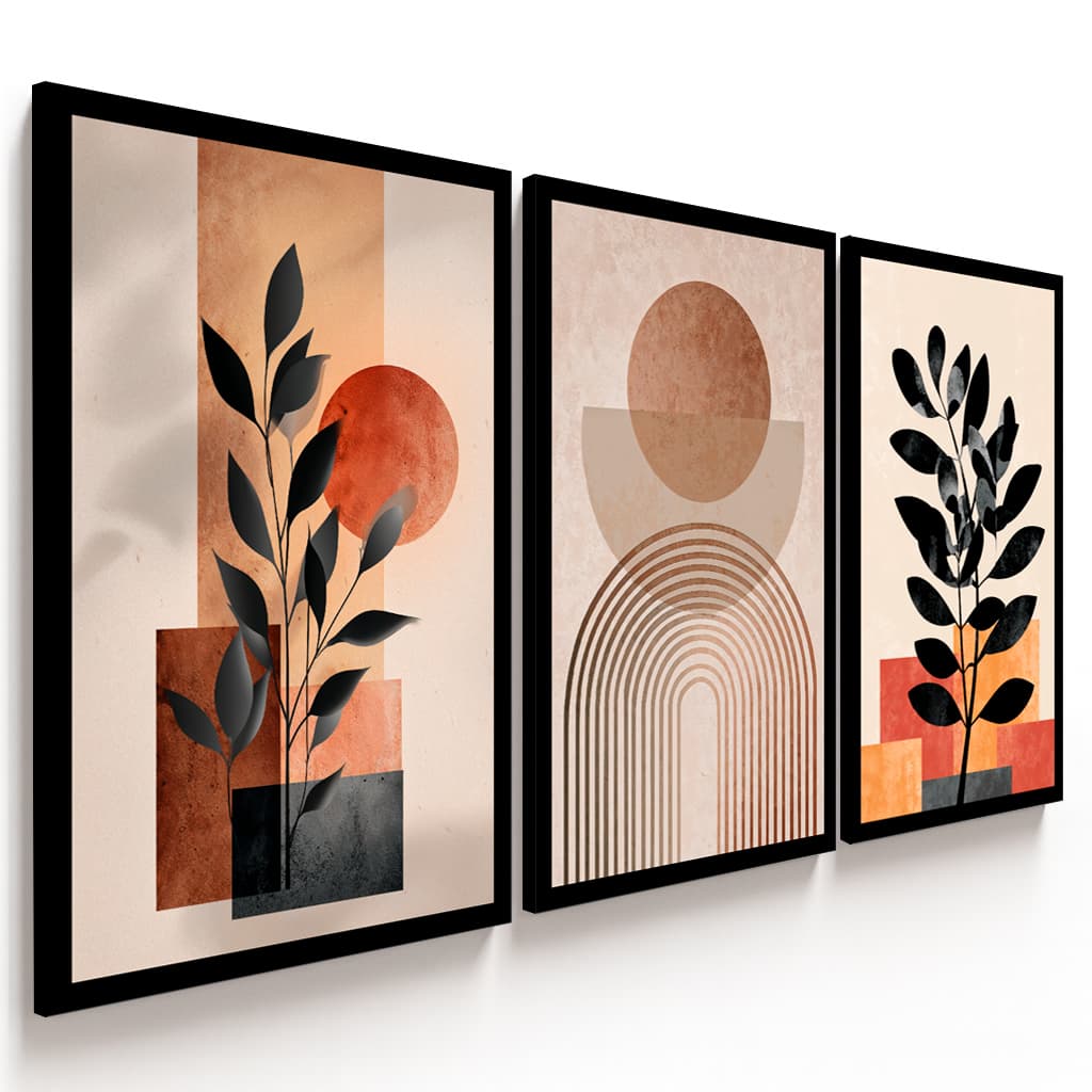 Quadro Decorativo 3 Peças Abstrato Boho com Folhagem e Geometria Tons Terracota Moldura Moderna Luxo