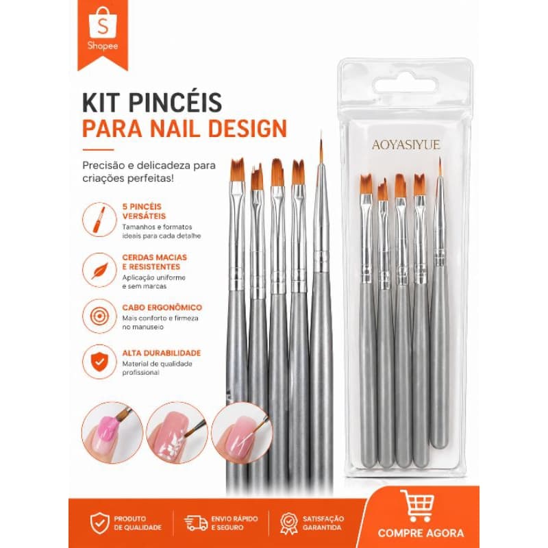 Kit Pincéis para Nail Design Profissional 5 Peças – Alta Precisão para Unhas Decoradas