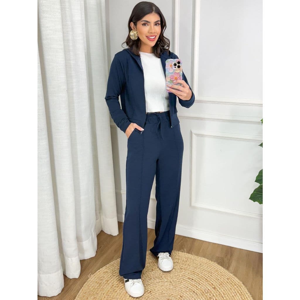Conjunto Moletinho casaco com friso capuz zíper e calça wide leg bolsos, feminino inverno frio jaqueta pantalona grosso