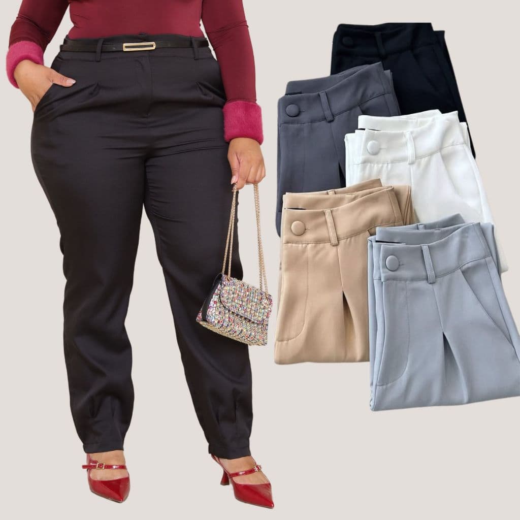 Calça Cenoura Jogger Feminina em Alfaiataria Plus Size  Barra Com Plissado