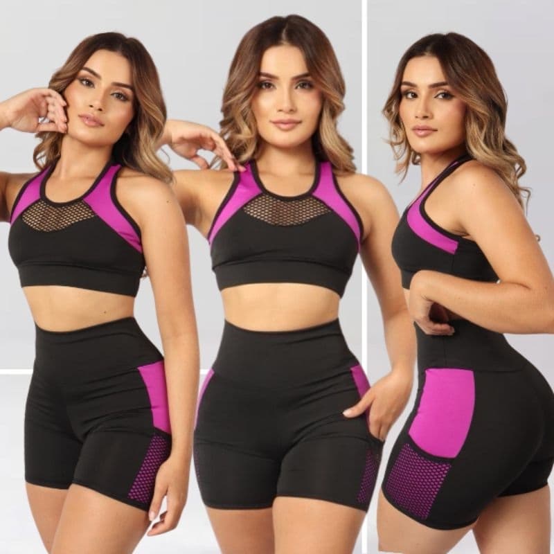 Conjunto Short Com Bolso Top nadador Moda Fitness Feminino Cós Alto Alta compreensão Academia Caminhada
