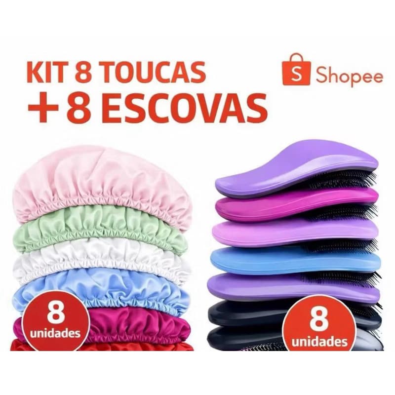 KIT - Econômico Antifrizz - 8 Toucas de Cetim + 8 Escovas Mágicas Para Cabelos Perfeitos