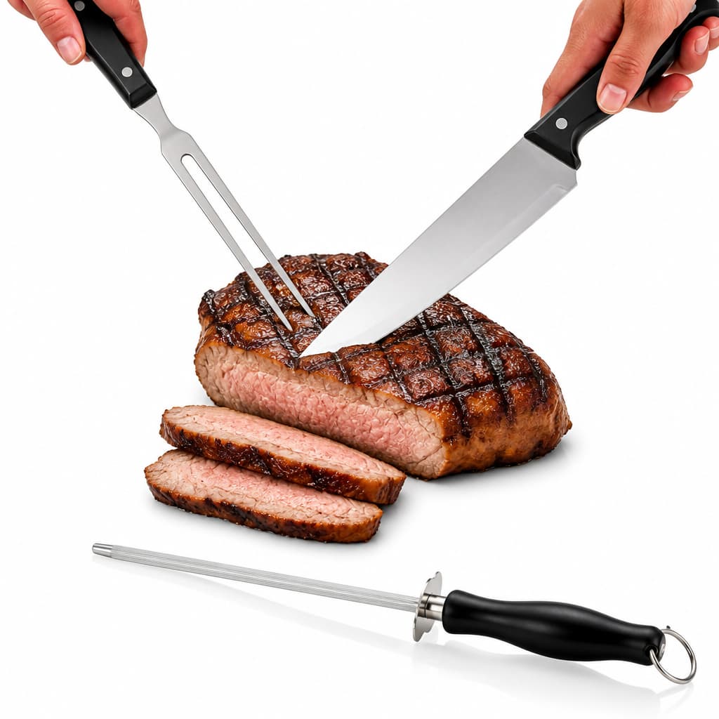 Kit Churrasco 3 Peças Faca Inox Garfo Chaira Amolador | Jogo Profissional Resistente Corte Carnes Picanha Presente