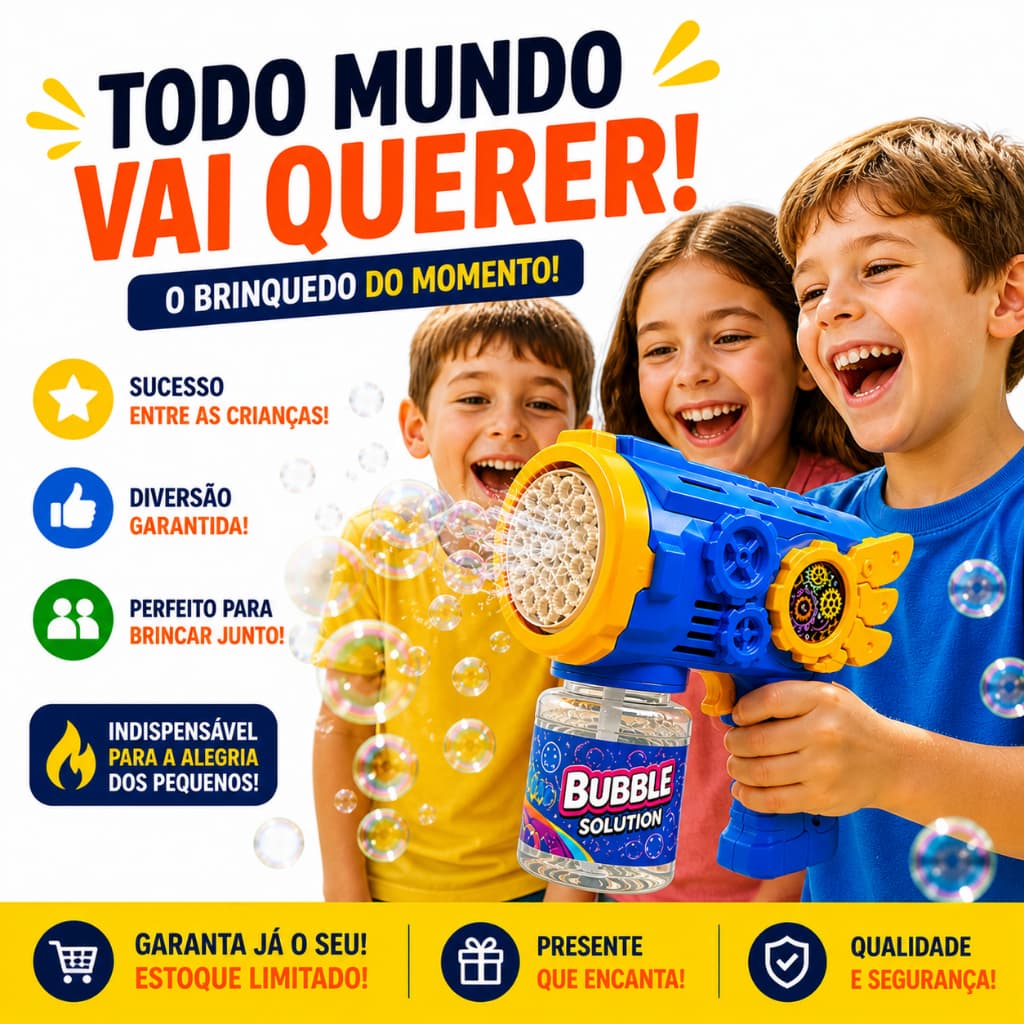 BubbleStorm Kids Pistola de Bolhas Automática Infantil 100+ Bolhas/min Brinquedo Divertido Crianças