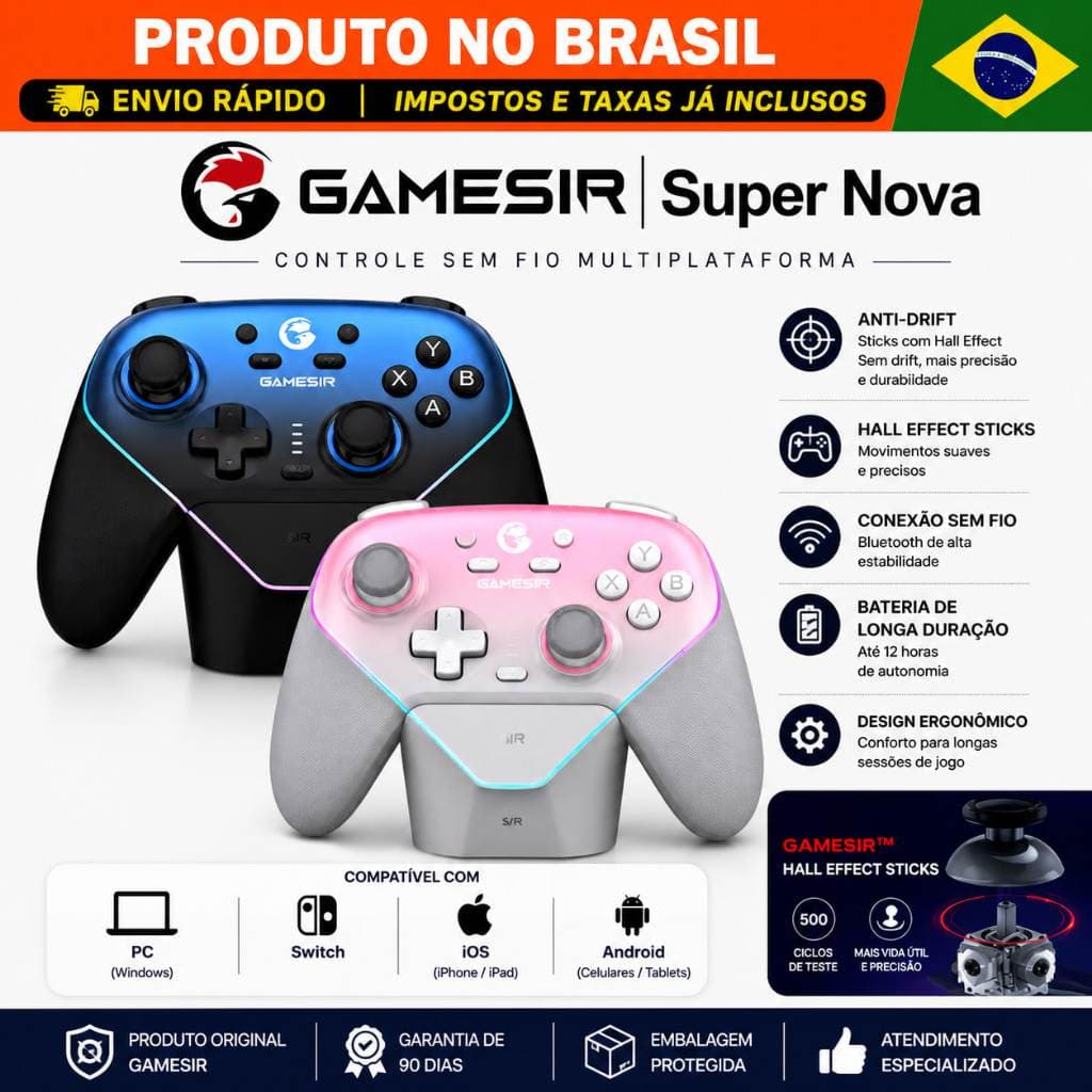 Controle Gamesir Super Nova, HALL EFFECT, RGB, COM Dock de carregamento, 1000Hz, PC, Switch, Android.
