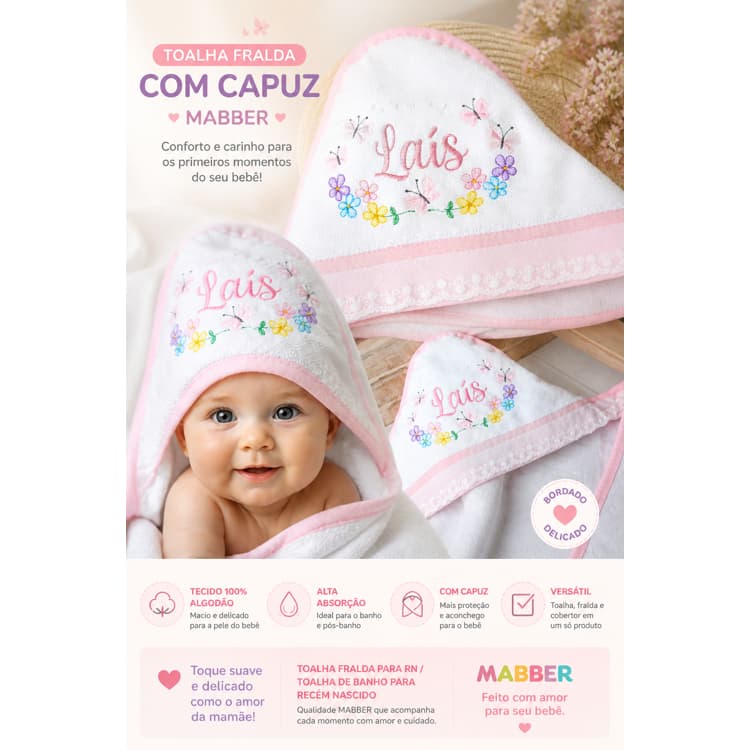 Toalha Fralda com Capuz Personalizada Mabber 80x80 | Toalha de Banho RN Bordada Bebê