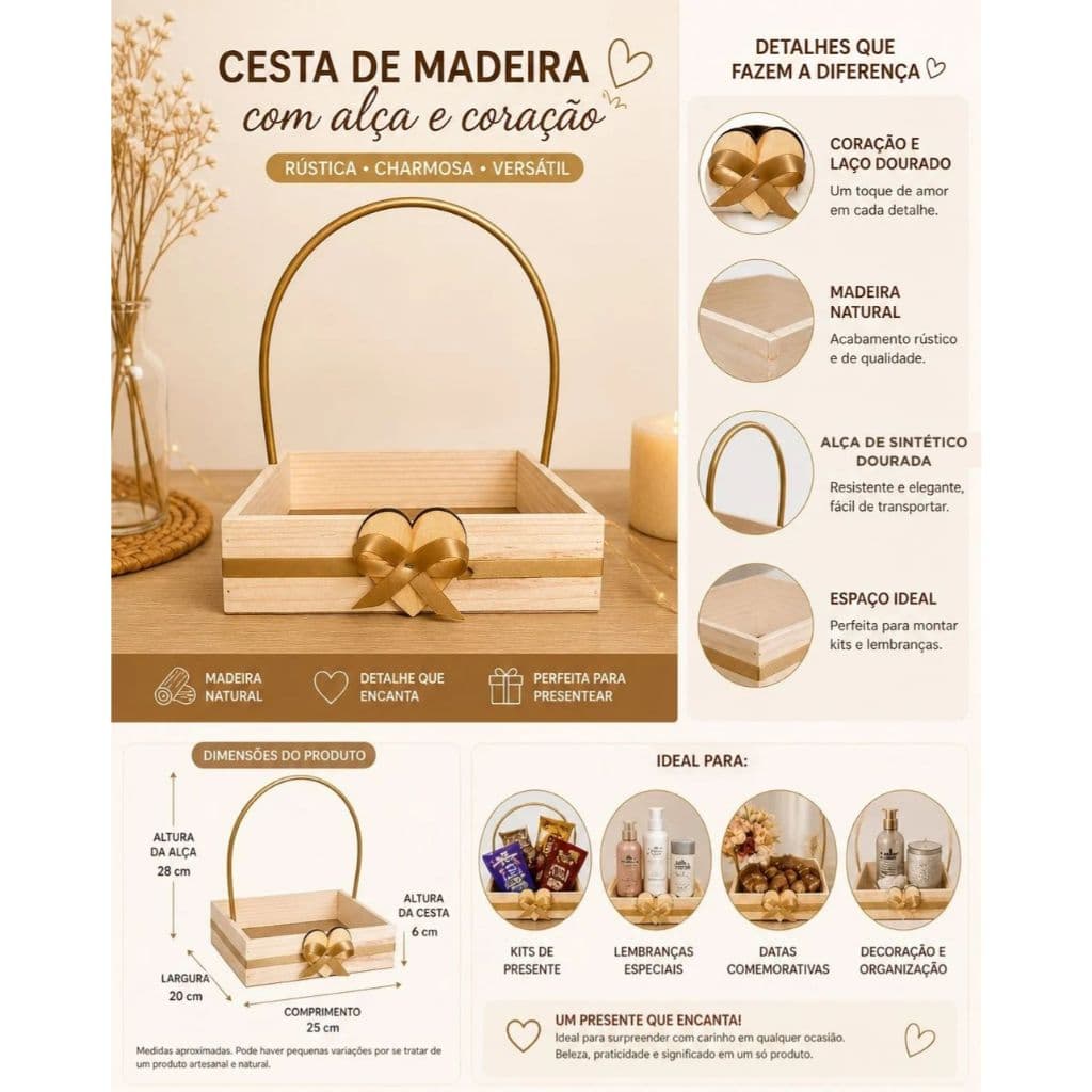Kit 05 Cesta Bandejas Decorativa Café da Manhã 25x20cm, Presentes, Decoração, Organização
