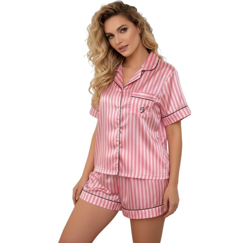 Pijama feminino listrado de cetim premium, Modelo Americano luxo, pós cirúrgico, amamentação.