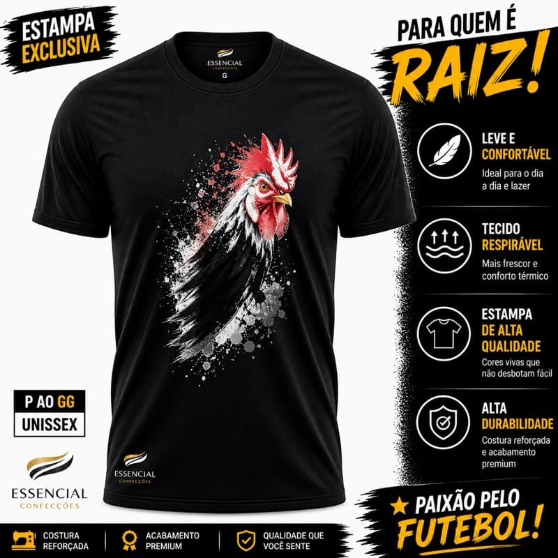 Camiseta Masculina Futebol Personalizada Nome e Número Estampa Galo Estilizado Preta 100% Algodão Torcedor