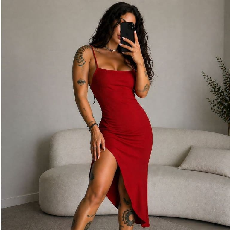 Vestido  Feminino Suplex Premium mídi com Alça e Puxador Regulável na Lateral  (Maggie)
