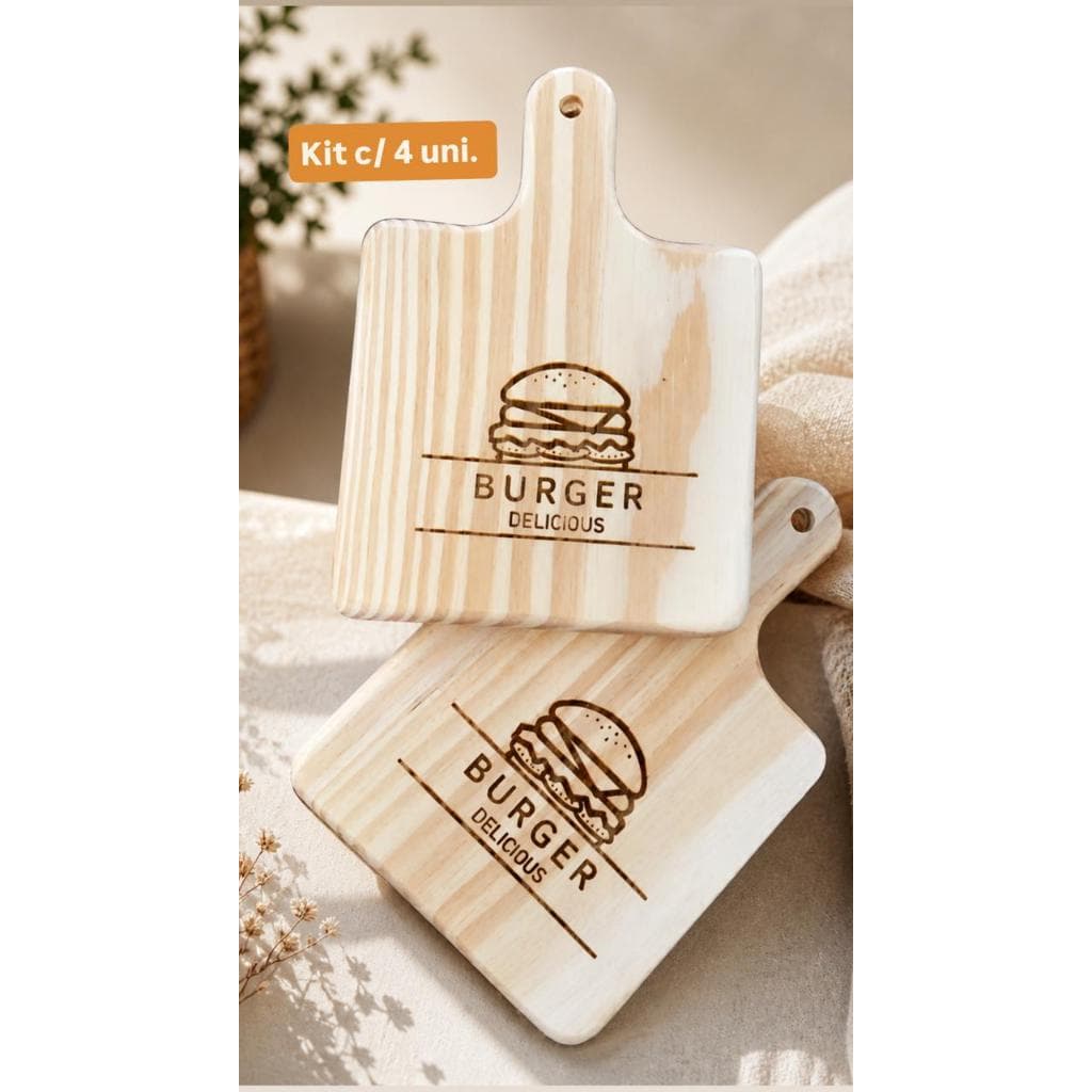 Tábua para Hambúrguer, Madeira, Kits c/4 Un., Personalizada