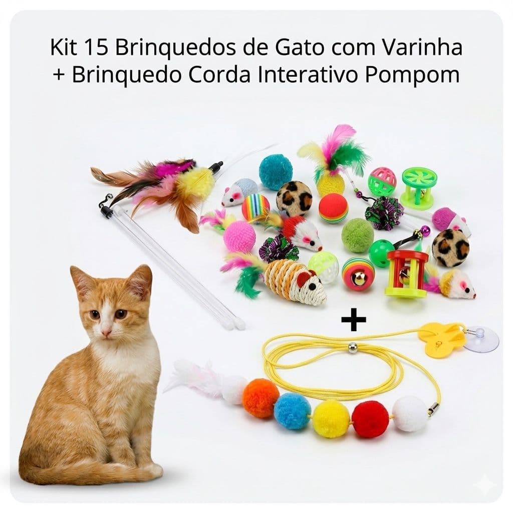 Brinquedo De Gato Kit 15 Brinquedos de Gato Interativo Com Varinha Guizo + Brinquedo Corda Perdurar Pompom