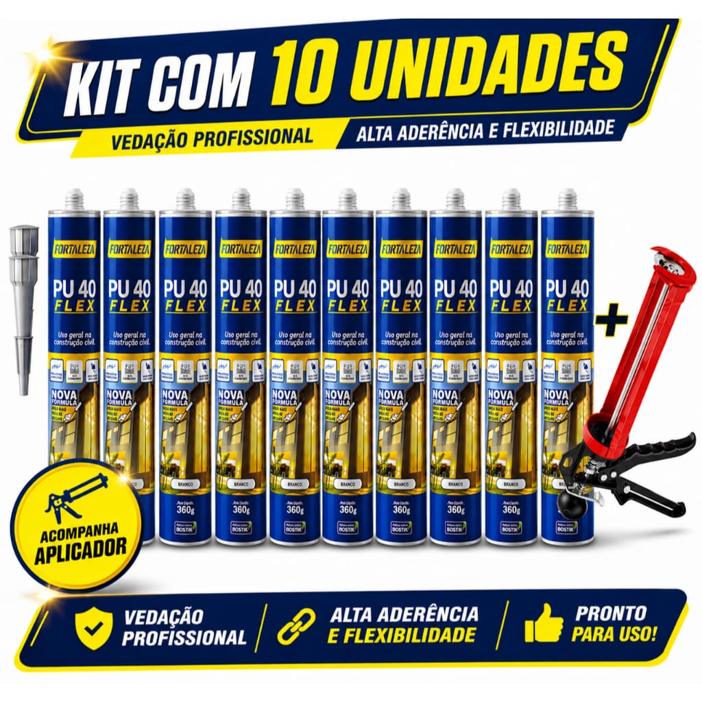 KIT 10 COLAS PU40 SELANTE 400gr + APLICADOR REFORCADO LAJES TRINCAS VEDACAO BOX CALHAS