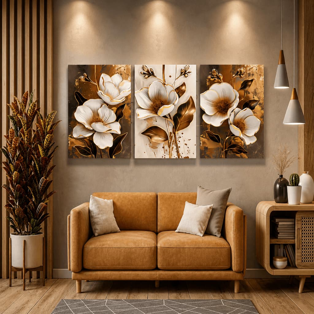 Kit 3 Quadros Decorativos Flores Brancas Dourado Luxo Sala Quarto MDF