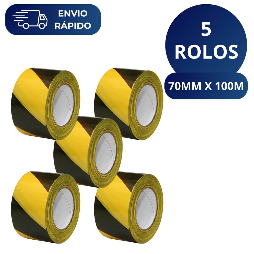 Kit 5 Fita Zebrada Amarela e Preta 70mm X 100 Metros Para Isolamento Sinalização Interdição Obras