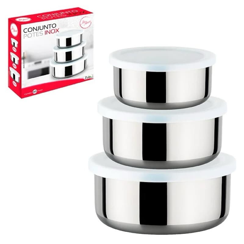 Jogo 3 Potes Tigelas em Inox Alumínio Com Tampa Redondo Armazenamento de Comida inoxidável