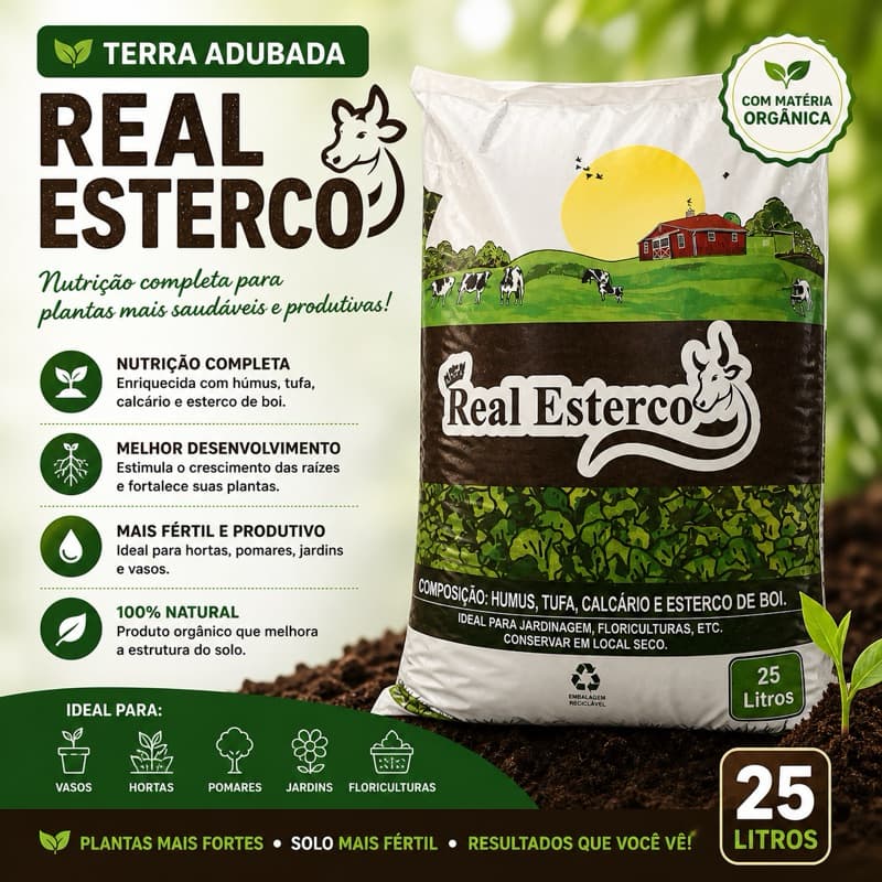 Terra Adubada Orgânica 25L – Substrato Rico com Húmus e Esterco | Ideal para Plantas, Hortas e Jardins