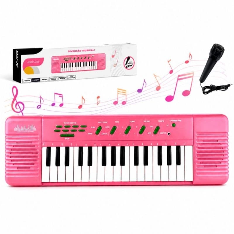 Piano Teclado Brinquedo Infantil Educativo Musical Eletrônico 32 Teclas com Microfone Presente Menina e Menino Karaoke