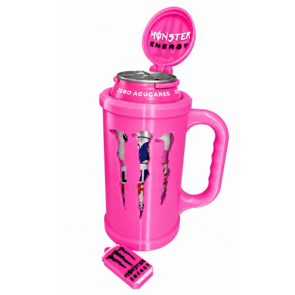 Copo Porta Lata Monster com Tampa Protetora + Chaveiro Abridor | Caneca Energético | Porta Lata Estiloso | Viral