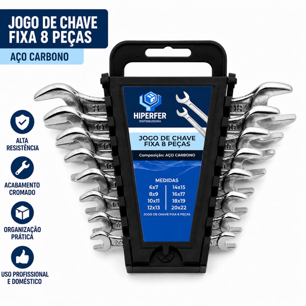 Jogo de Chave Fixa 6 A 22 Profissional com 8 Peças HIPERFER