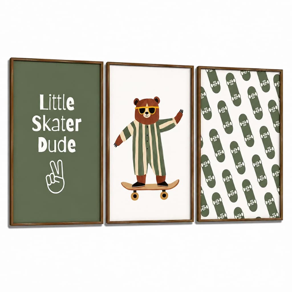 Kit 3 Quadros Decorativos Infantil | Quarto Bebê Menino | Skate, Urso Skatista - No185