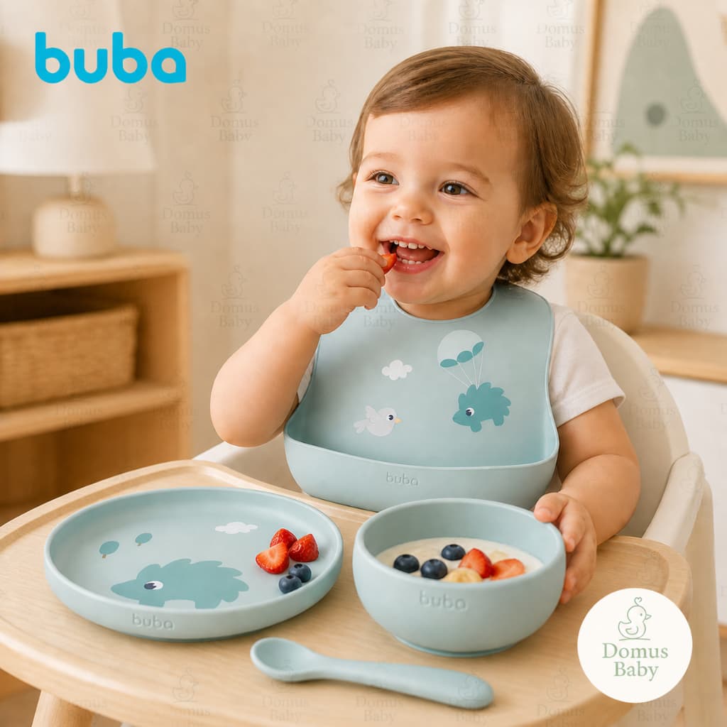 Kit Alimentação Buba Cloudy Silicone com Babador, Bowl e Pratinho Bebê