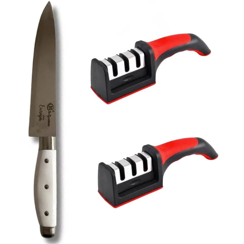 Kit Chef Faca Inox Linha Europa SQ + Amolador Profissional 3 Estágios oferta Kit Churrasco Faca Aço Inox Profissional
