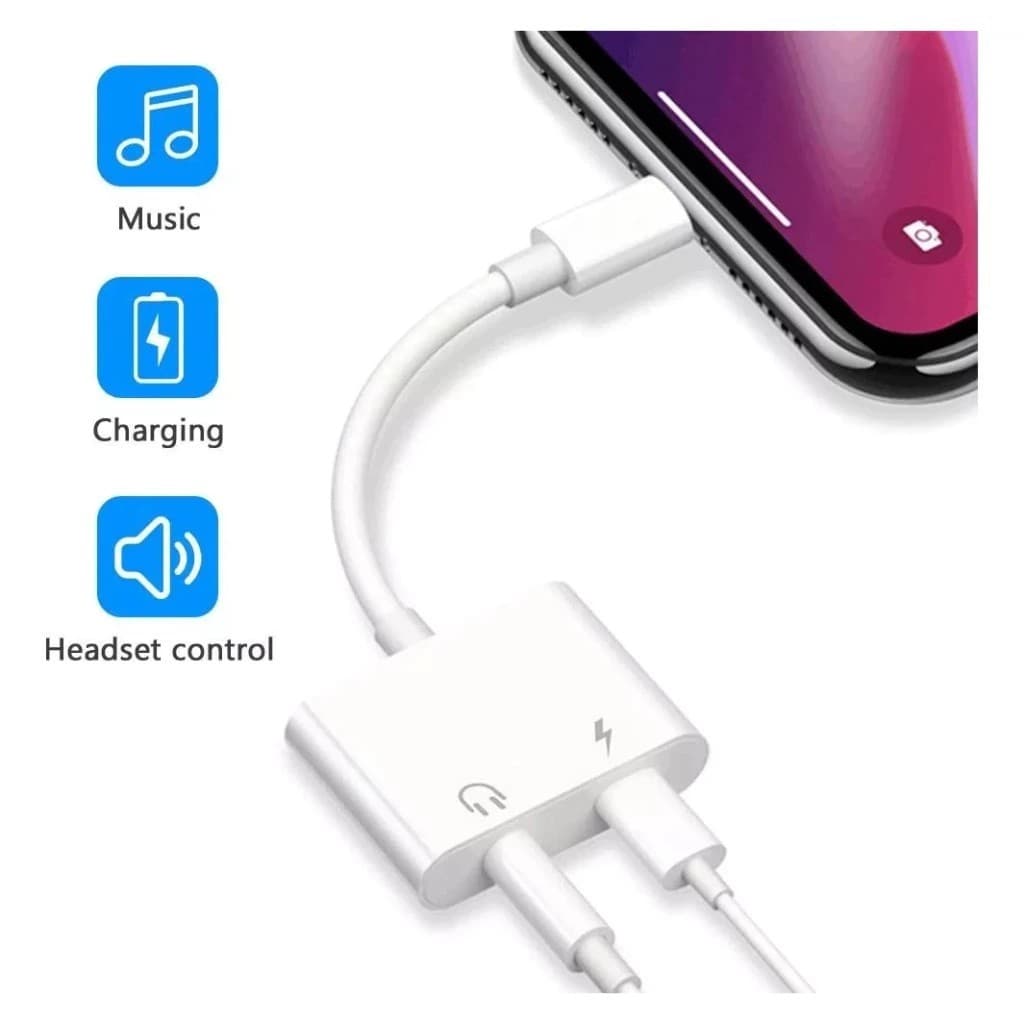 Adaptador Lightning P2 iPhone 2 em 1 Áudio + Carregador Fone 3.5mm iOS Compatível