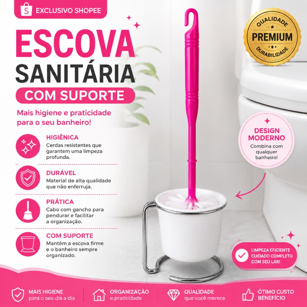 Kit Escova Sanitária com Suporte de Metal – Limpeza de Banheiro Higiênica e Prática