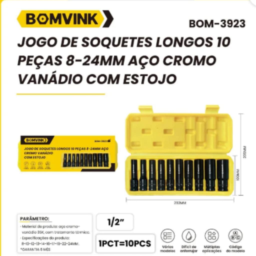 JOGO DE SOQUETES CROMO VANÁDIO COM ESTOJO - JOGO DE SOQUETES LONGOS 10 PEÇAS 8-24MM