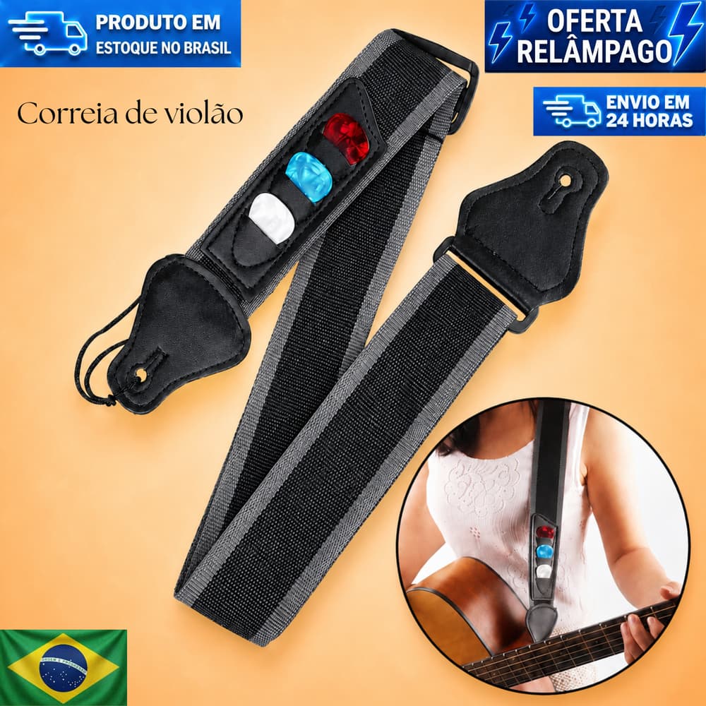 Correia Alça De Guitarra Violão Acústica 3 Palhetas Suporte De Couro