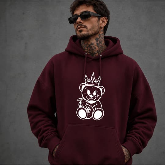 Moletom Canguru Para Adultos Bolso e Capuz Estampa Streetwear Urso Coroa