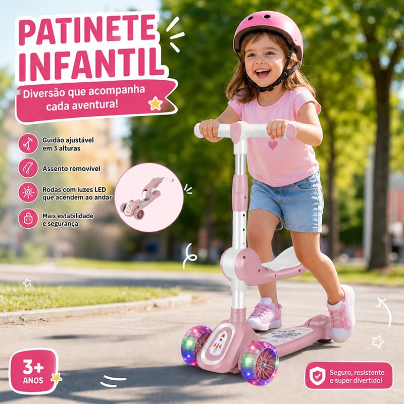 Patinete 3 em 1 Rodas Infantil Radical Ajustável Para Crianças Dream Light  até 50Kg