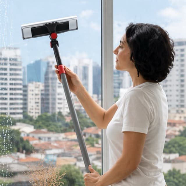Mop 2 em 1 Limpa Vidros Rodo Esfregão Limpar Poeira Lustrar Piso Madeira Porcelanato Limpeza Suave Powemaid Ergonomico