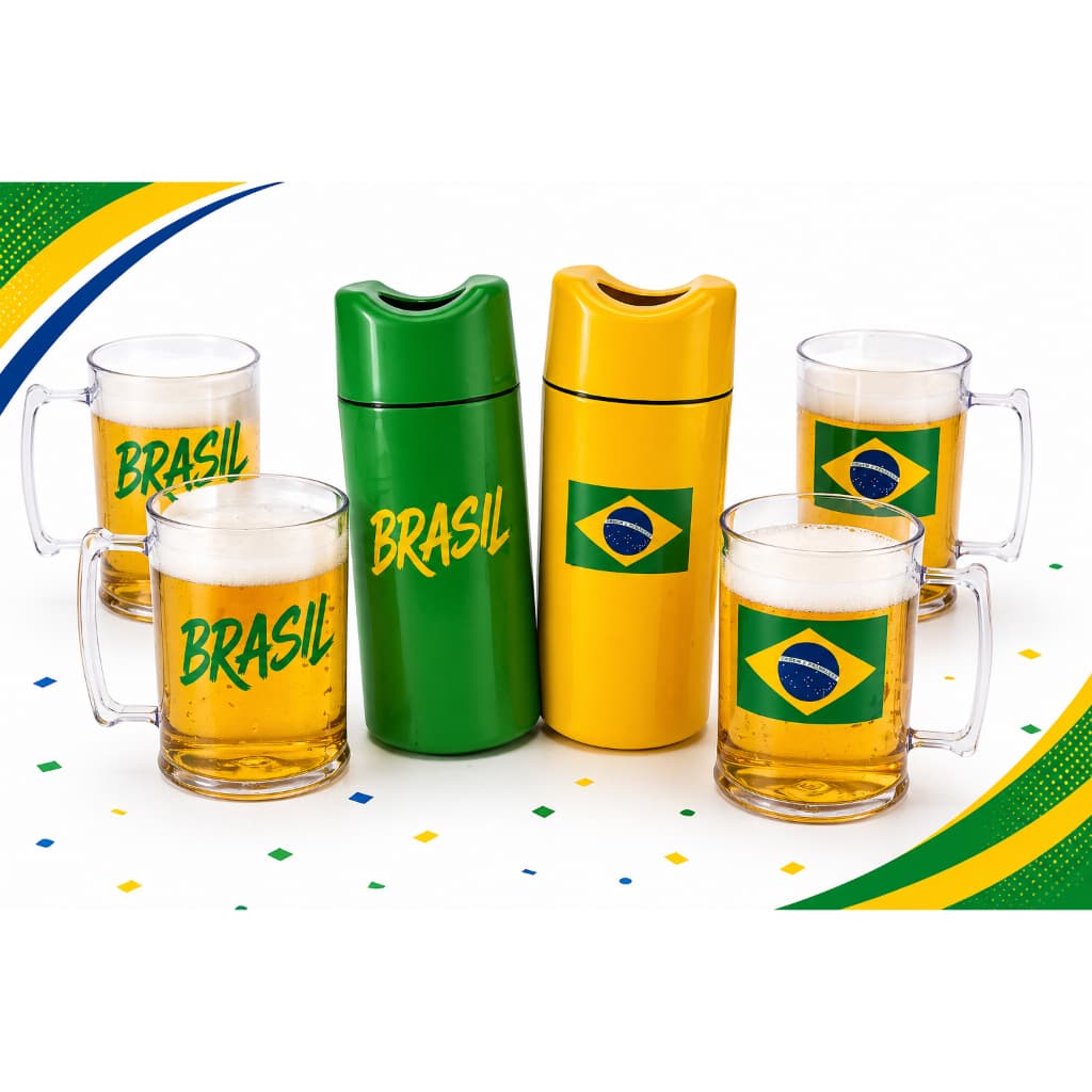 Kit Torcedor Vip| 2 Porta Garrafas Térmicos 600ml + 4 Canecas de Chopp 500ml | Verde Amarelo Transparente | Vai Brasil