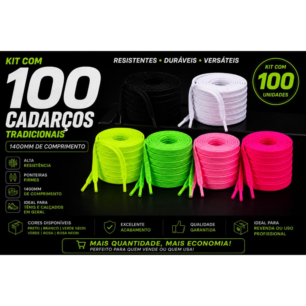 Rolo de Cadarço Tradicional Básico Com 100 Unidades - Dimensão 8x 1400mm - 5 Cores Disponíveis