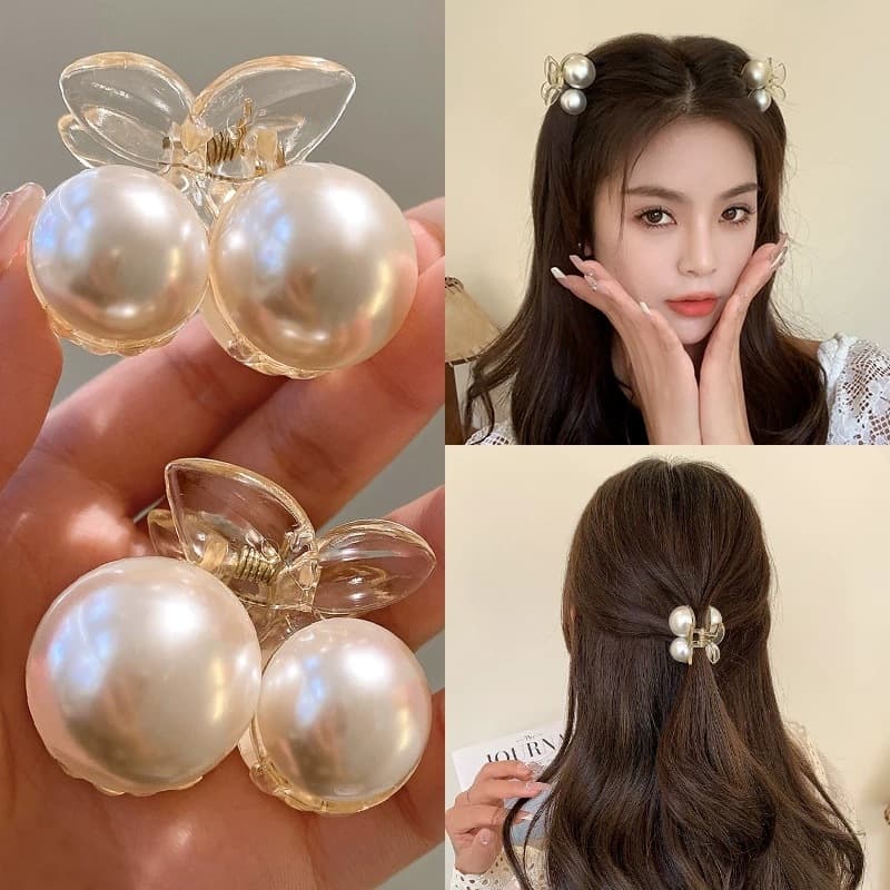 Presilha de Cabelo Cereja com Pérolas Mini Hair Clip Feminino Estilo Coreano