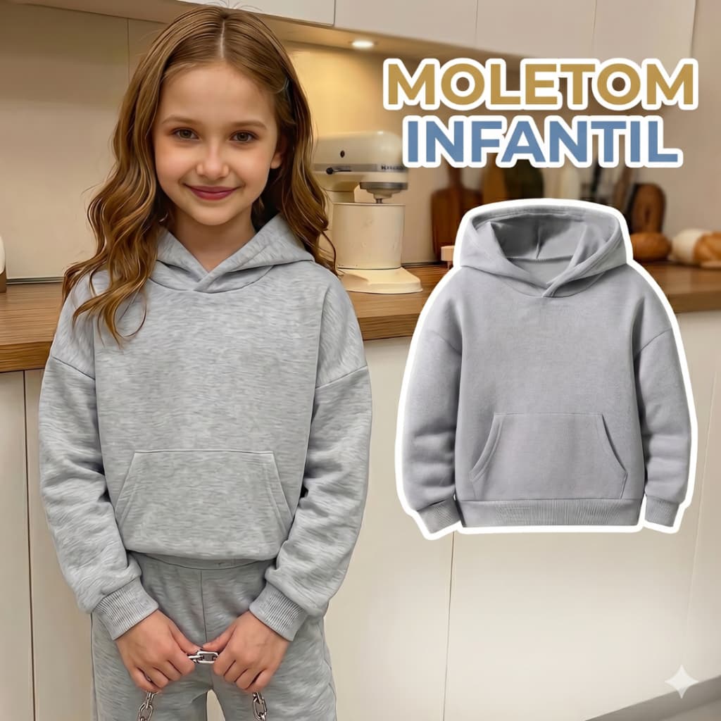 Moletom Infantil Cinza 4 a 12 Anos Unissex Peluciado 3 Cabos Com Capuz e Bolso