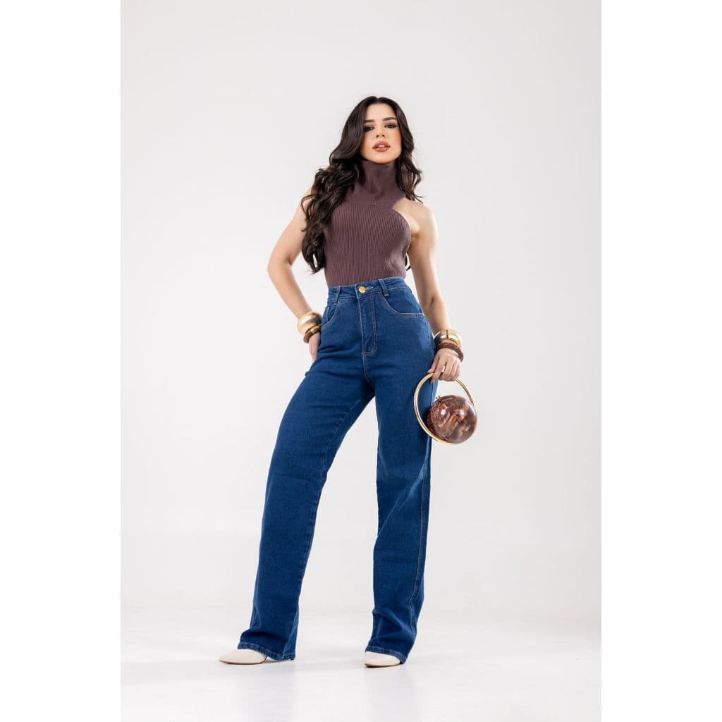 Calça Wide Leg Jeans Premium Cintura Alta Com Bolsos Funcionais Modelagem Confortável Para Dia a Dia