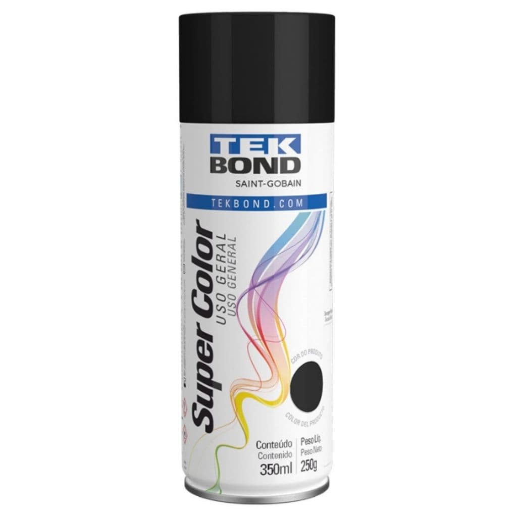 Tinta Spray Tekbond Preto Brilhante 350ml Uso Geral Alta Cobertura Secagem Rápida