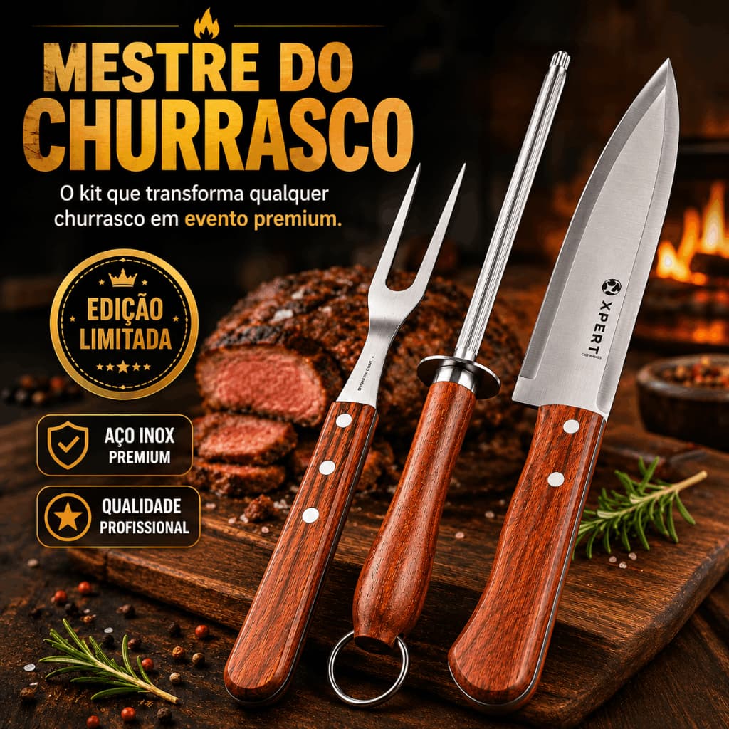 Kit Churrasco 3 Peças Aço Inox com Cabo de Madeira Faca Garfo Chaira Premium