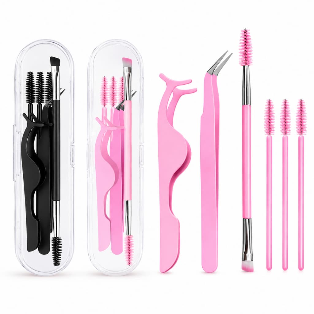 Kit Extensão de Cílios com 6 Peças Pinça ,Aplicador de Cílios Postiços, Pincel Duplo e Escovinhas