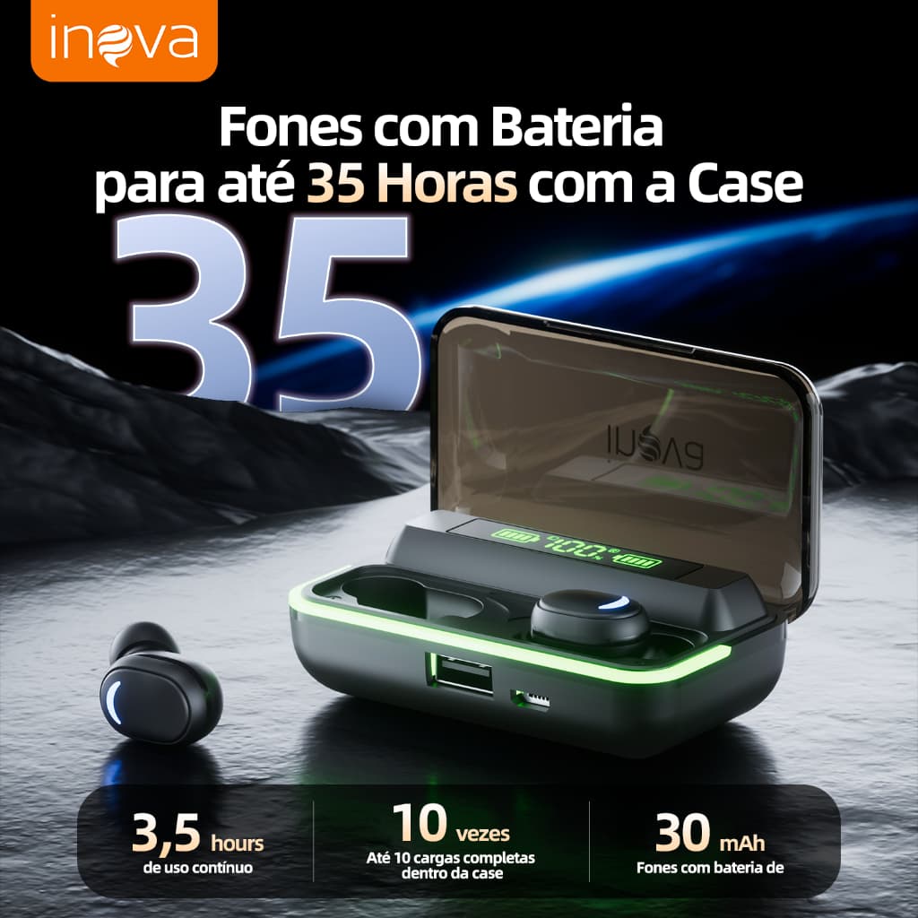 INOVA Fone TWS Bluetooth 5.4 Som Estéreo Dolby Cancelamento ENC Case Carregador Power Bank À prova d'água IPV6