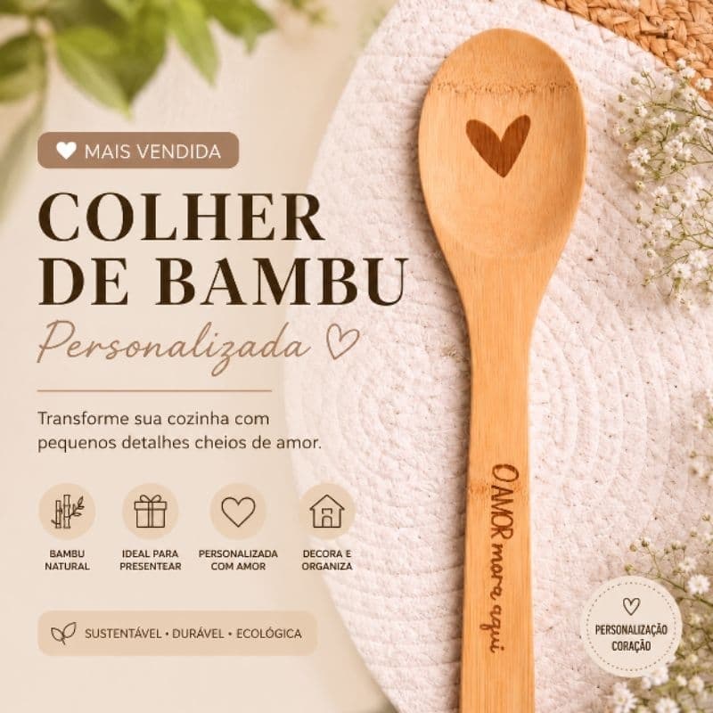 Colher de Bambu Frase Gravada Decorativa | Cozinha Minimalista Aesthetic
