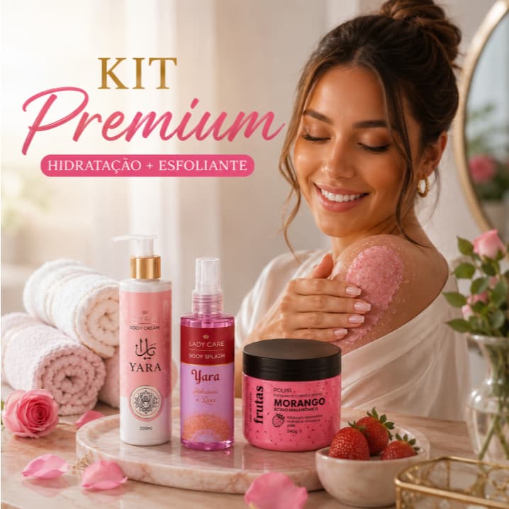 Kit Premium Yara Body Cream Body Splash Esfoliante Morango para Corpo e Rosto
