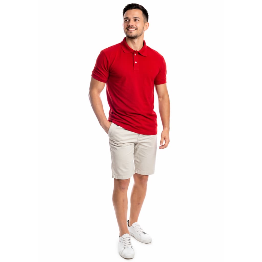 Camisa Polo Masculina Slim Vermelha Lisa em Piquet Gola Tradicional Casual Confortável Algodão