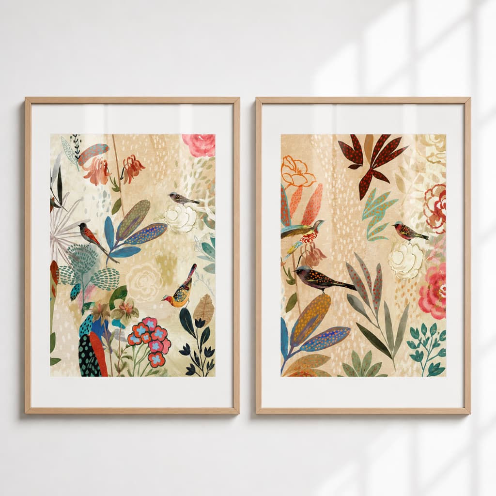 Duo Quadros Nórdico Botânica Contemporânea Moldura e Vidro