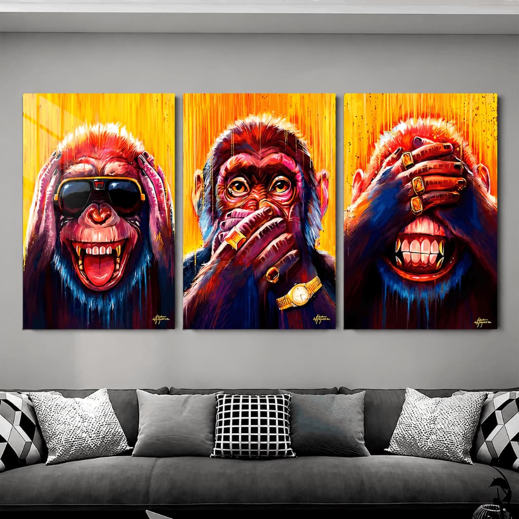 Quadros decorativos Macacos Sábios Atitude Street Art Colorido Luxo Decoração Geek Moderna